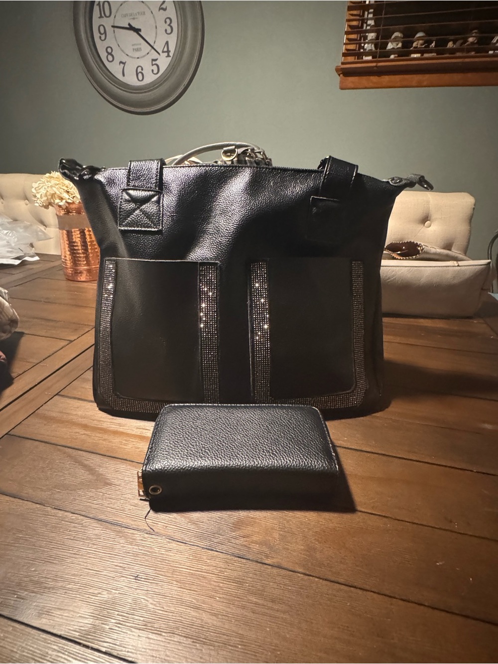 Black gorgeous high quality vegan leather Rhinestone large Tote Bag with wallet